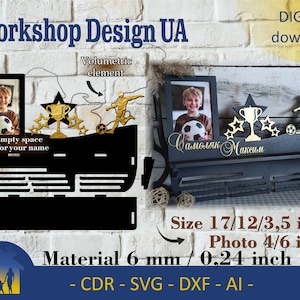 Personalisierter Medaillenhalter aus Holz - Digitale dxf AI CDR SVG-Dateien, anpassbarer Download für Fußball-Sport-Medaillenanzeige