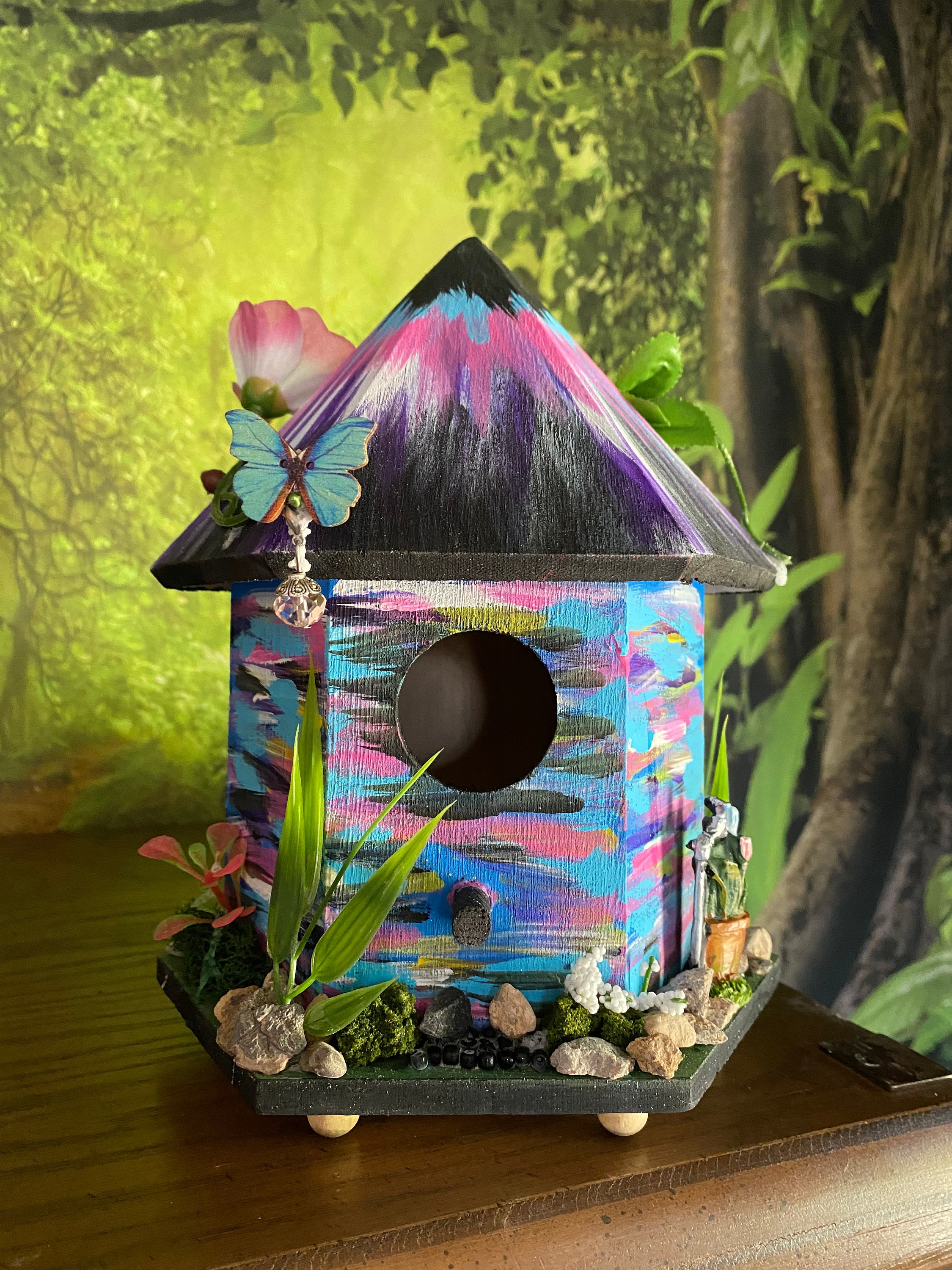Sparkly fairy bird house with intricate decorations. Etsy