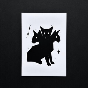 A5 &#39;Purrberus&#39; Black Cat Print | Gothic Cute Arty Print for Home Decor