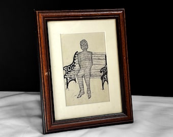 Uomo su una panchina / Disegno originale a penna incorniciato, opera tradizionale