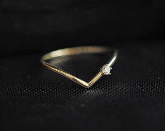 Sterling silver 14k gold plated Cubic Zirconia ring Stacking ring V shaped ring Minimalist Ring Dainty Ring Engagement wedding ring gift