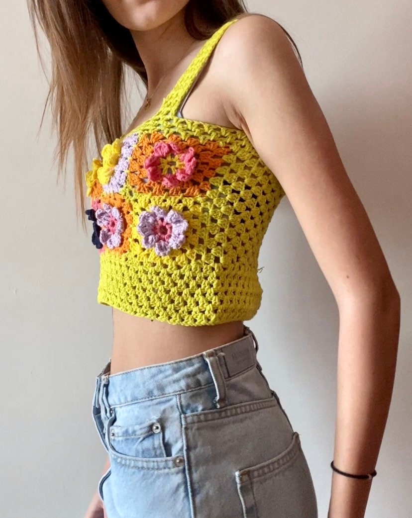Yellow Floral Crochet Top Made With Granny Squares Aesthetic | Etsy