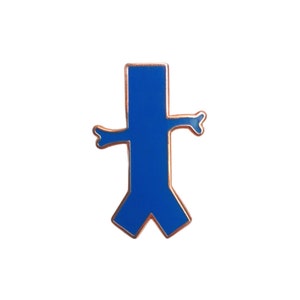 May include: A blue enamel pin in the shape of a stylized person with outstretched arms and legs. The pin has a copper-colored border and a glossy finish. The design is simple and graphic.