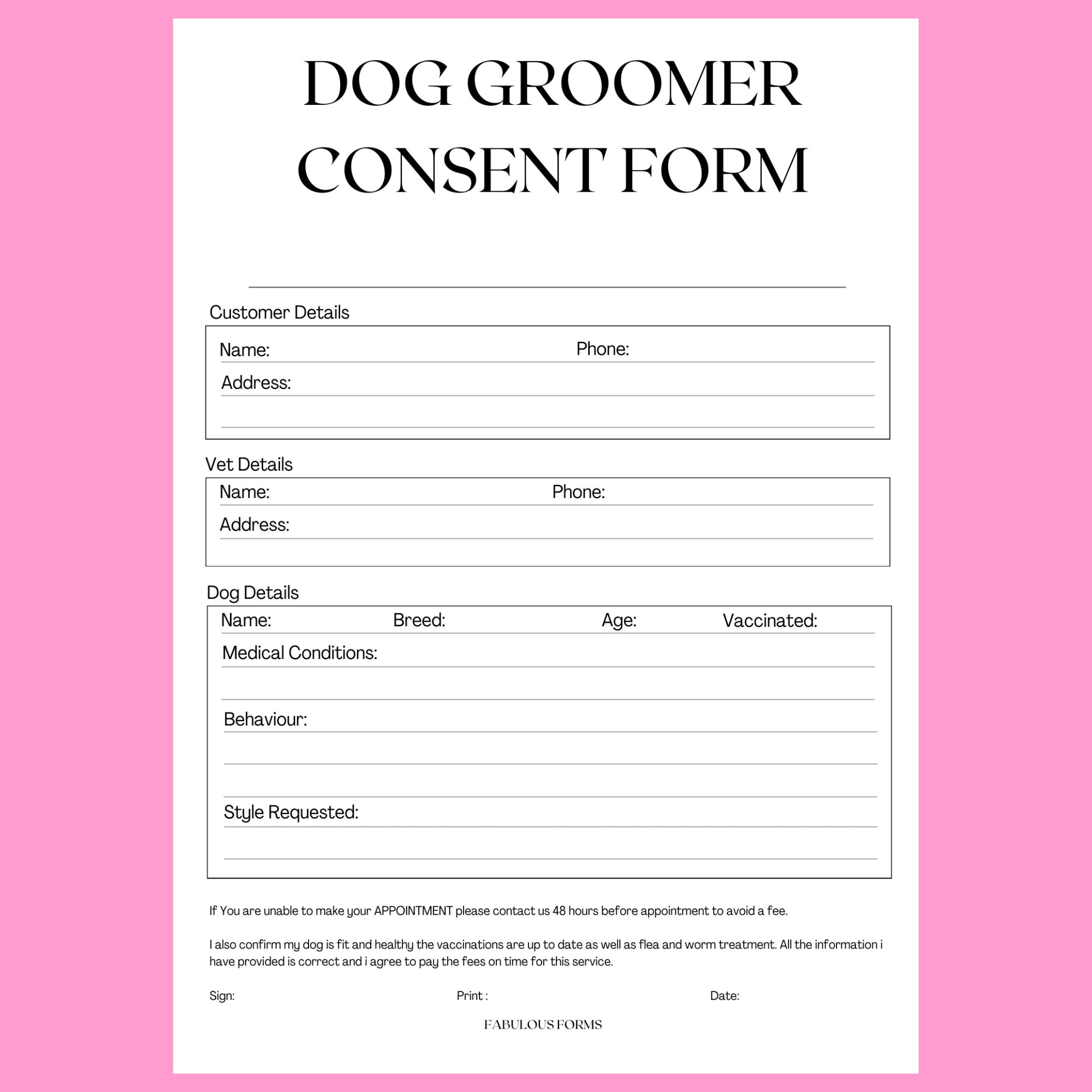 Digital Dog Grooming Consent Form A4 Style Dog Groom Business Documents ...