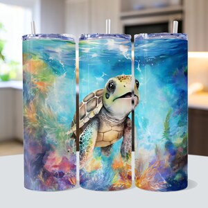 Baby Sea Turtle Watercolor Sublimation Tumbler Design, Glitter Ocean 20oz Skinny Tumbler Wrap Template - PNG Digital Download