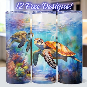 Sea Turtles  Sublimation Tumbler Designs, Glitter Ocean 20oz Skinny Tumbler Wrap Template - PNG Digital Download