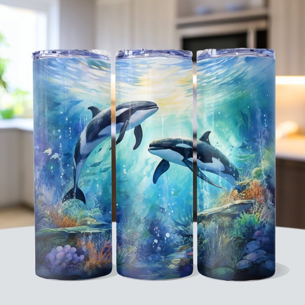 Orca Whales Sublimation Tumbler Designs, Glitter Ocean 20oz Skinny Tumbler Wrap Template - PNG Digital Download