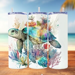 Sea Turtle Watercolor Sublimation Tumbler Design, Glitter Ocean 20oz Skinny Tumbler Wrap Template - PNG Digital Download