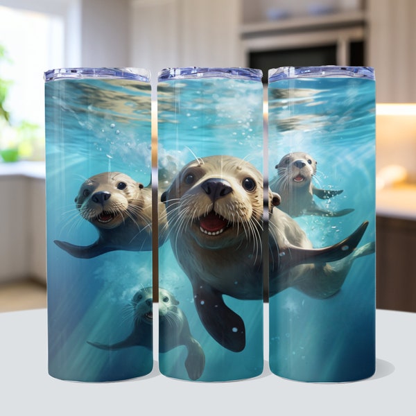 Otters Sublimation Tumbler Designs, Glitter Ocean 20oz Skinny Tumbler Wrap Template - PNG Digital Download