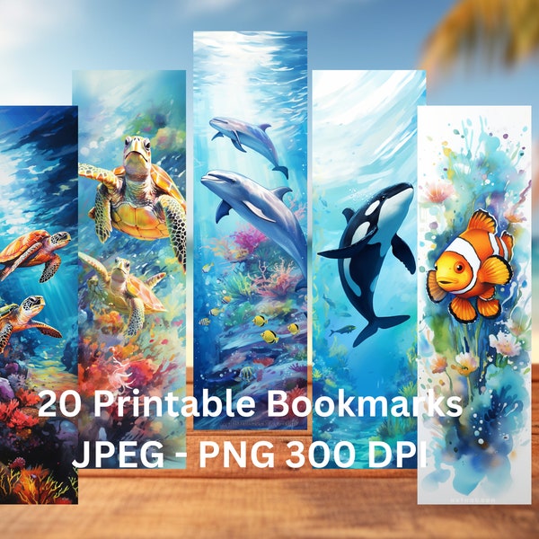 Sea Turtles, Dolphins, Whales, Printable Bookmarks Bundle, Set Of 20 PNG/JPG, Sublimation, Cricut, Silhouette Print And Cut, Commercial Use