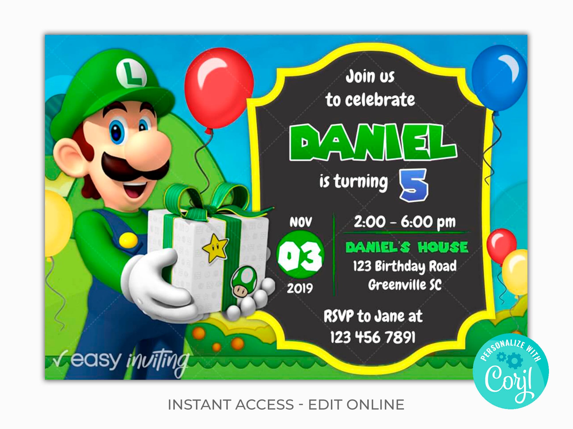 Luigi Birthday Invitation Super Mario Luigi Birthday Invite Etsy free-printable-super-mario-birthday-invitation-templates-download