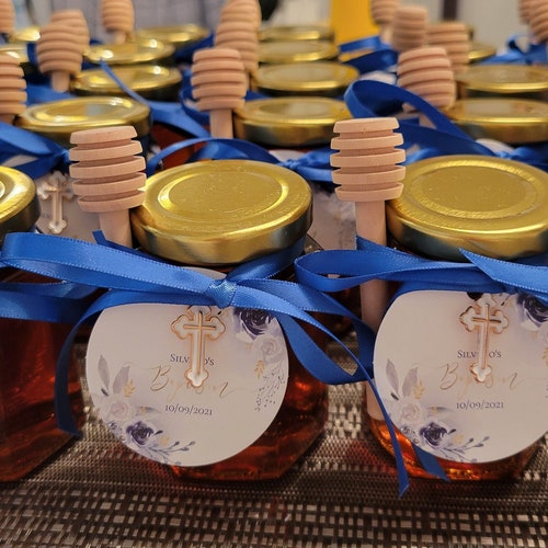 30-4oz Honey Jar Favors with Wooden Dipper Cross shops Pendant Christening Baptism Tag