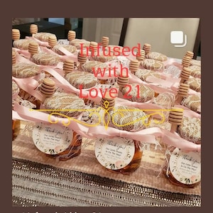 30-4 oz Honey Jar Favors with Lace and Wooden Dipper Floral Tag