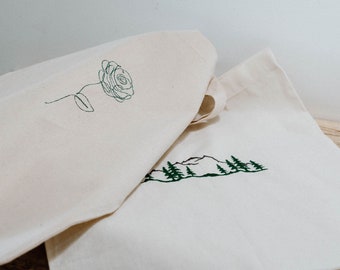 Embroidered Mountains Tote Bag, Embroidery Hiking Tote, Greenery Mountain Bag, Hiking Greenery Mountain Design Canvas Bag, Canvas Tote Bag,