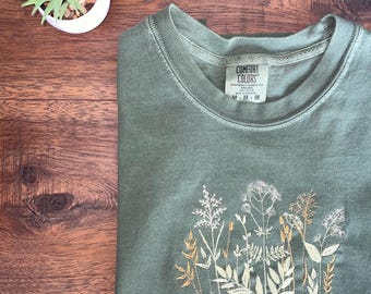 embroidered t-shirt, embroidered custom colors tshirt, comfort colors, embroidered flower shirt, comfort colors tee, embroidered tee, floral
