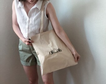 Embroidered Mountains Tote Bag, Embroidery Hiking Tote, Greenery Mountain Bag, Hiking Greenery Mountain Design Canvas Bag, Canvas Tote Bag,