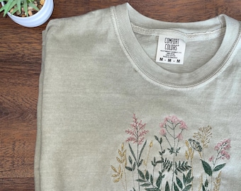 embroidered t-shirt, embroidered custom colors tshirt, comfort colors, embroidered flower shirt, comfort colors tee, embroidered tee, floral