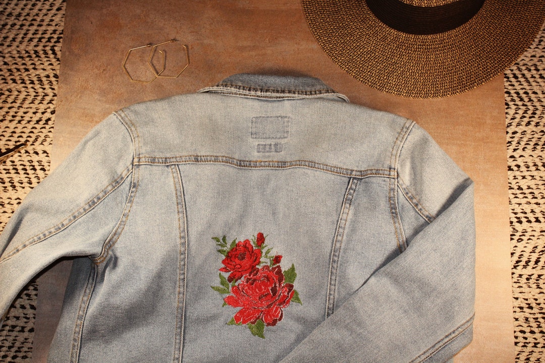 Custom Rose Embroidered Denim Jacket Whatever Color Rose Etsy