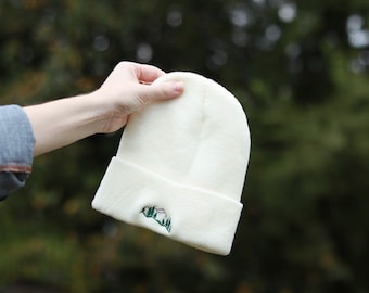 Embroidered beanie, Embroidered hat, Knit beanie with embroidery, Embroidered cuffed fold up beanie, Winter cap, Winter hat, Mountain Beanie
