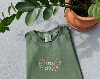 embroidered t-shirt, embroidered custom colors tshirt, comfort colors, made for sunny days tshirt, comfort colors tee, embroidered sun