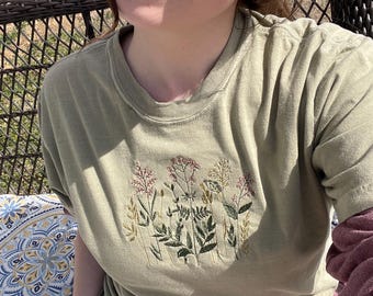 embroidered t-shirt, embroidered custom colors tshirt, comfort colors, embroidered flower shirt, comfort colors tee, embroidered tee, floral