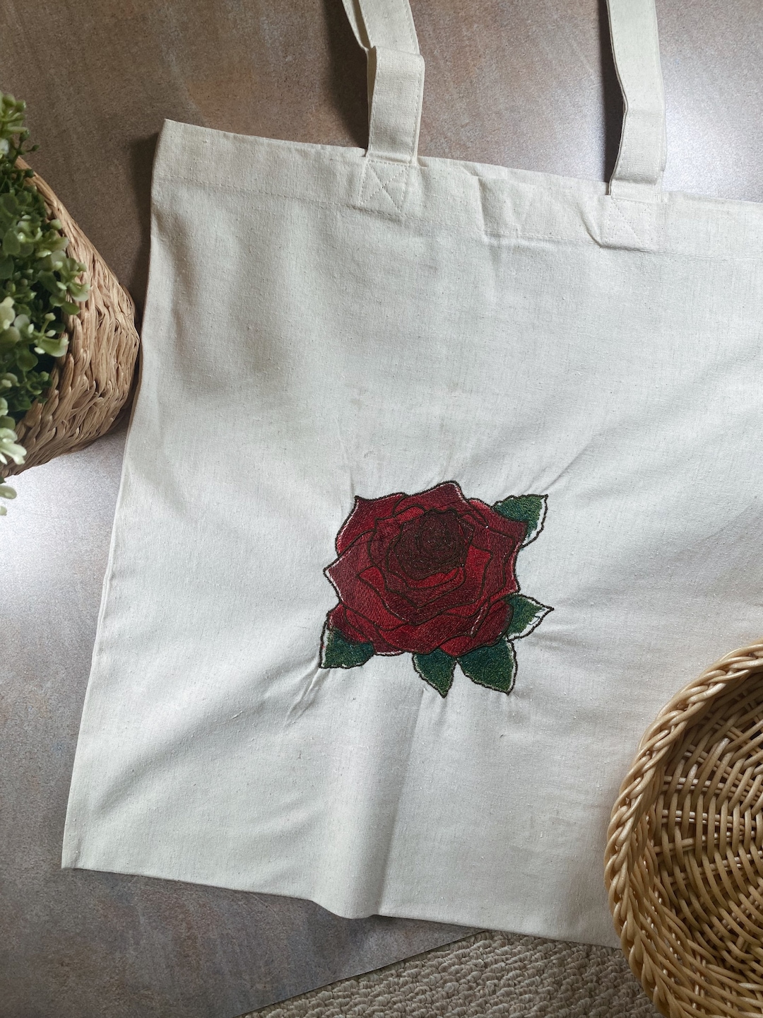 Embroidered Rose Tote Bag, Embroidery Floral Tote, Rose Flower Canvas ...