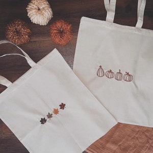 fall totes, fall tote, fall embroidered tote, fall embroidery tote, fall leaves embroidered tote, fall pumpkins embroidered tote image 2