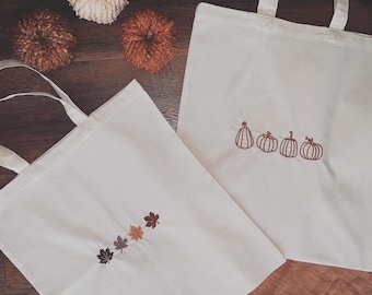 fall totes, fall tote, fall embroidered tote, fall embroidery tote, fall leaves embroidered tote, fall pumpkins embroidered tote