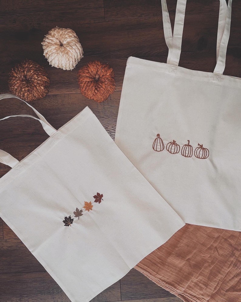 fall totes, fall tote, fall embroidered tote, fall embroidery tote, fall leaves embroidered tote, fall pumpkins embroidered tote image 2