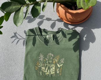 embroidered t-shirt, embroidered custom colors tshirt, comfort colors, embroidered flower shirt, comfort colors tee, embroidered tee, floral