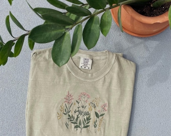 embroidered t-shirt, embroidered custom colors tshirt, comfort colors, embroidered flower shirt, comfort colors tee, embroidered tee, floral