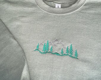 mountain embroidered sweatshirt, embroidered mountain sweatshirt, mountain embroidery, mountain embroidered, hiking sweatshirt, nature crew