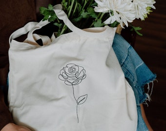 Embroidered Rose Tote Bag, Embroidery Floral Tote, Rose Flower Canvas Bag, Simple Minimalistic Design Canvas Bag, Canvas Tote Bag