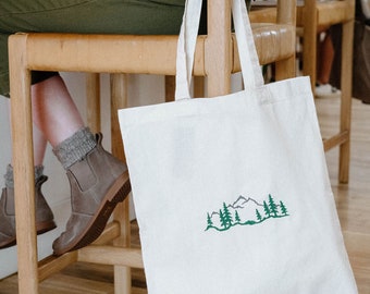 Embroidered Hike Tote Bag, Embroidery Hiking Tote, Outdoors Mountain Bag, Hiking Outside Mountain Design Canvas Bag, Canvas Tote Bag