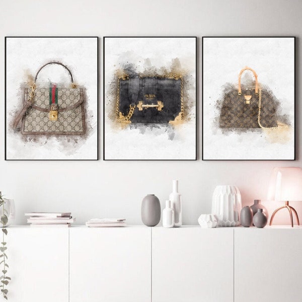 Set of 3 Designer Handbag Watercolour Digital Prints | Gucci Prada Louis Vuitton | Bedroom Dressing Room Home Decor Wall Art Gifts for Her