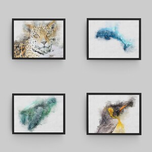Endangered Animals Watercolour Painting Landscape Prints | Leopard Cheetah Jaguar Dolphin Penguin Gorilla Bear Turtle | Home Decor Wall Art