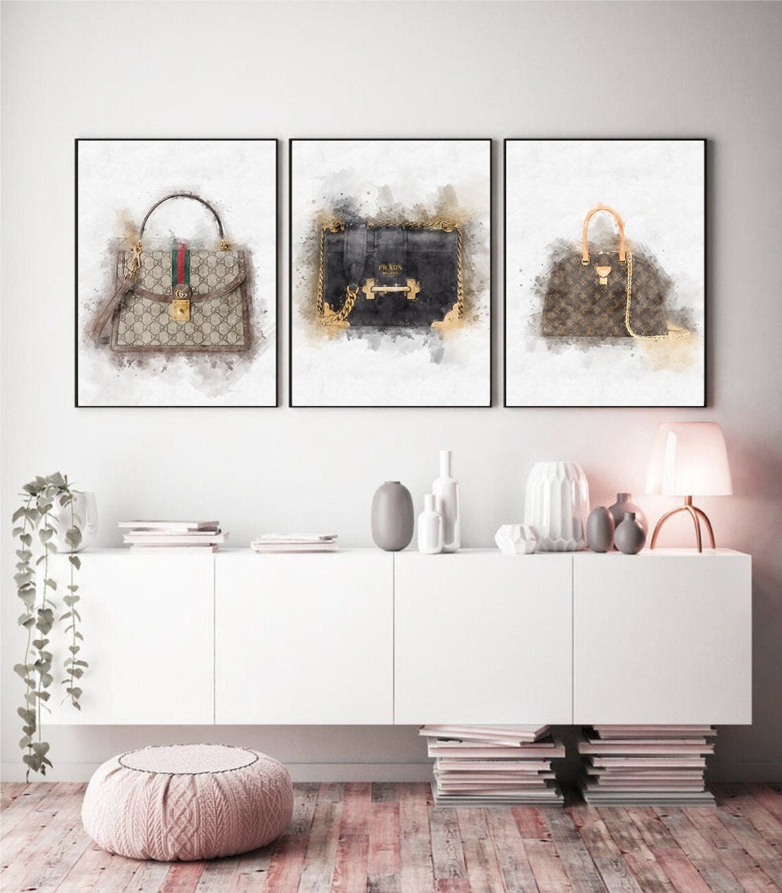 Set of 3 Designer Handbag Watercolour Prints | Gucci Prada Louis Vuitton |  Bedroom Dressing Room Home Decor Wall Art Poster Gifts for Her