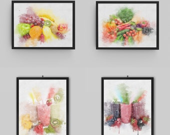 Fruit and Veg Watercolour Painting Prints | Vegan Vegetarian Colourful Smoothies Juice | Cafe Kitchen Dining Room Bar Wall Art