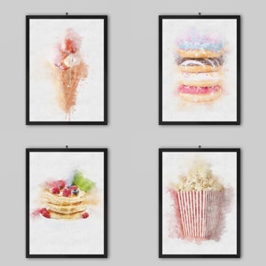 Desserts Watercolour Painting Prints | Ice Cream Pancakes Doughnuts Popcorn Cup Cake | Cafe Kitchen Dining Room Bar Wall Art