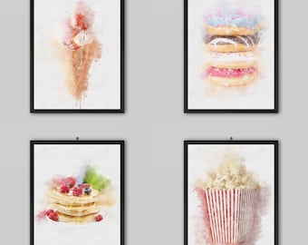 Desserts Watercolour Painting Prints | Ice Cream Pancakes Doughnuts Popcorn Cup Cake | Cafe Kitchen Dining Room Bar Wall Art