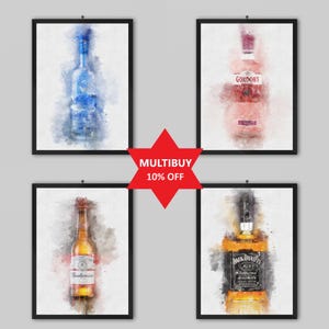 Alcohol Watercolour Painting Prints | Beer Pink Gin Vodka Whiskey Rum Champagne Coffee Liqueur | Kitchen Dining Room Bar Wall Art