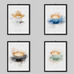 Coffee Watercolour Painting Prints | Hot Drinks Espresso Black White Coffee Hot Chocolate | Cafe Kitchen Dining Room Bar Wall Art