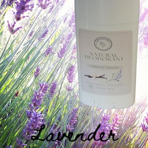 May include: White deodorant stick with a lavender and vanilla scent. The label reads "Natural Deodorant" and "100% All Natural". The product is 2.75 ounces or 78 grams.