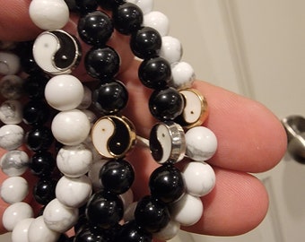 Friendship Couples Bracelet White Howlite and Black Onyx with Silver/Gold Yin & Yang charm Gemstones A Grade Beaded 8mm