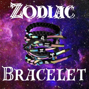 May include: A stack of colorful zodiac bracelets with black string and zodiac symbols. The bracelets are against a galaxy background.
