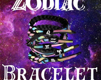 zodiac sign Horoscope bracelet knot Womens Men's Braided Reflective Adjustable 16-22cm (one size fits most) Black/Rainbow Rastaclat style