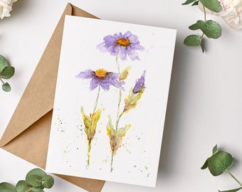 Watercolor Flowers Greeting Cards | Floral Notecards | Blank Stationery Card Set with Envelopes | Red and Lavendar Daisies