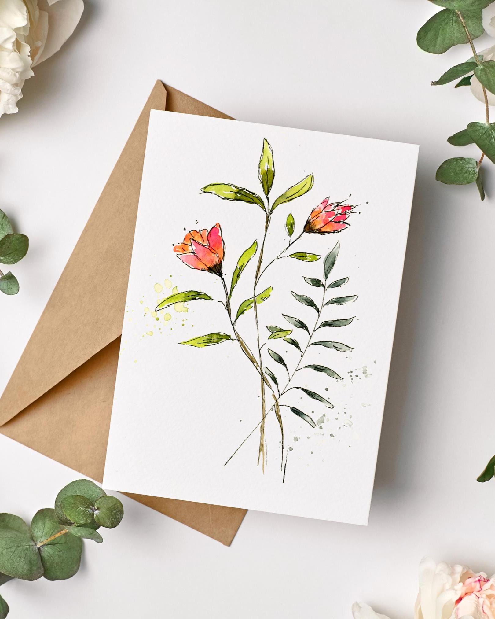 Watercolor Floral Note Cards Set of 8, Pinks Orange Peach Flower Art ...