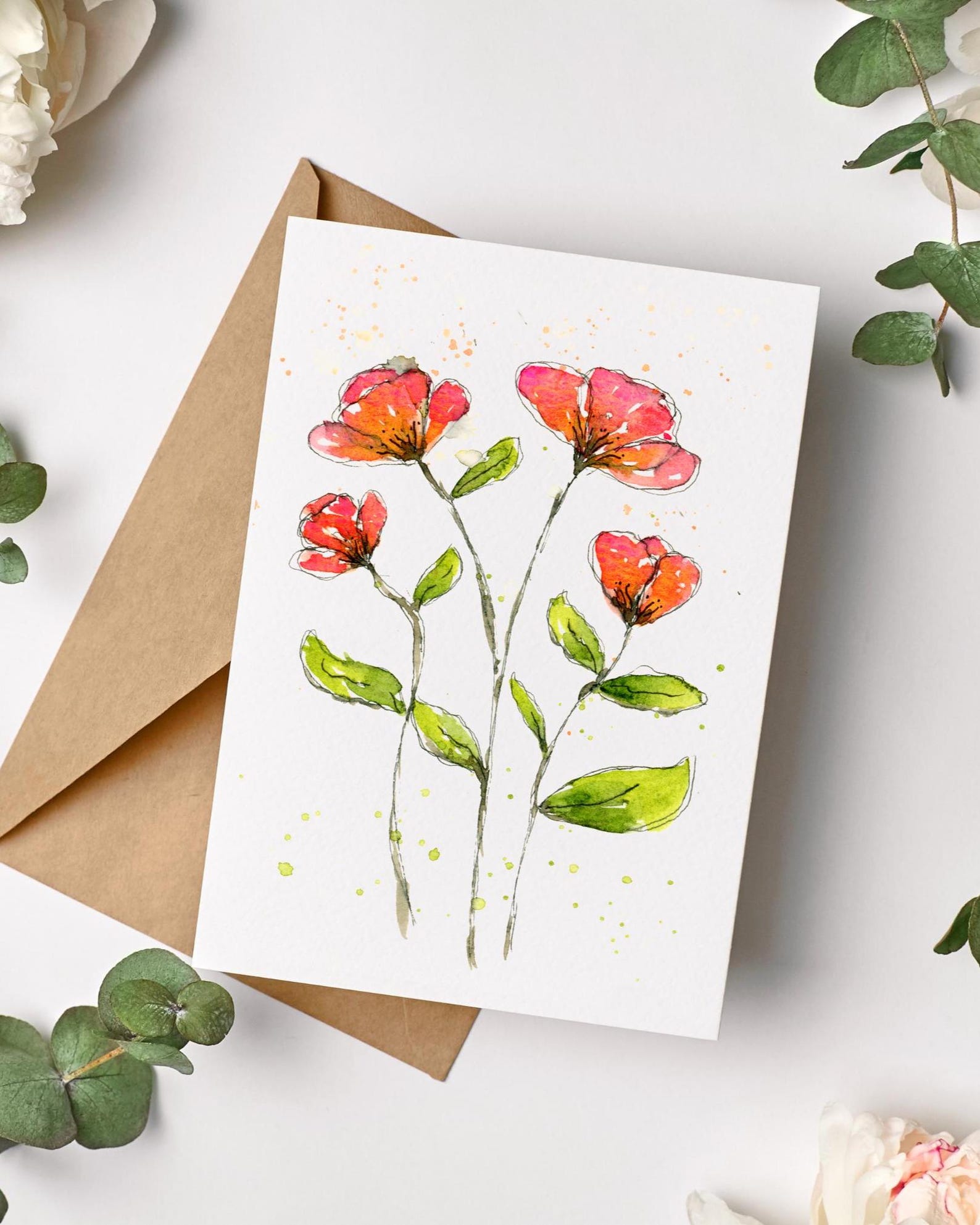 Watercolor Floral Note Cards Set of 8, Pinks Orange Peach Flower Art ...