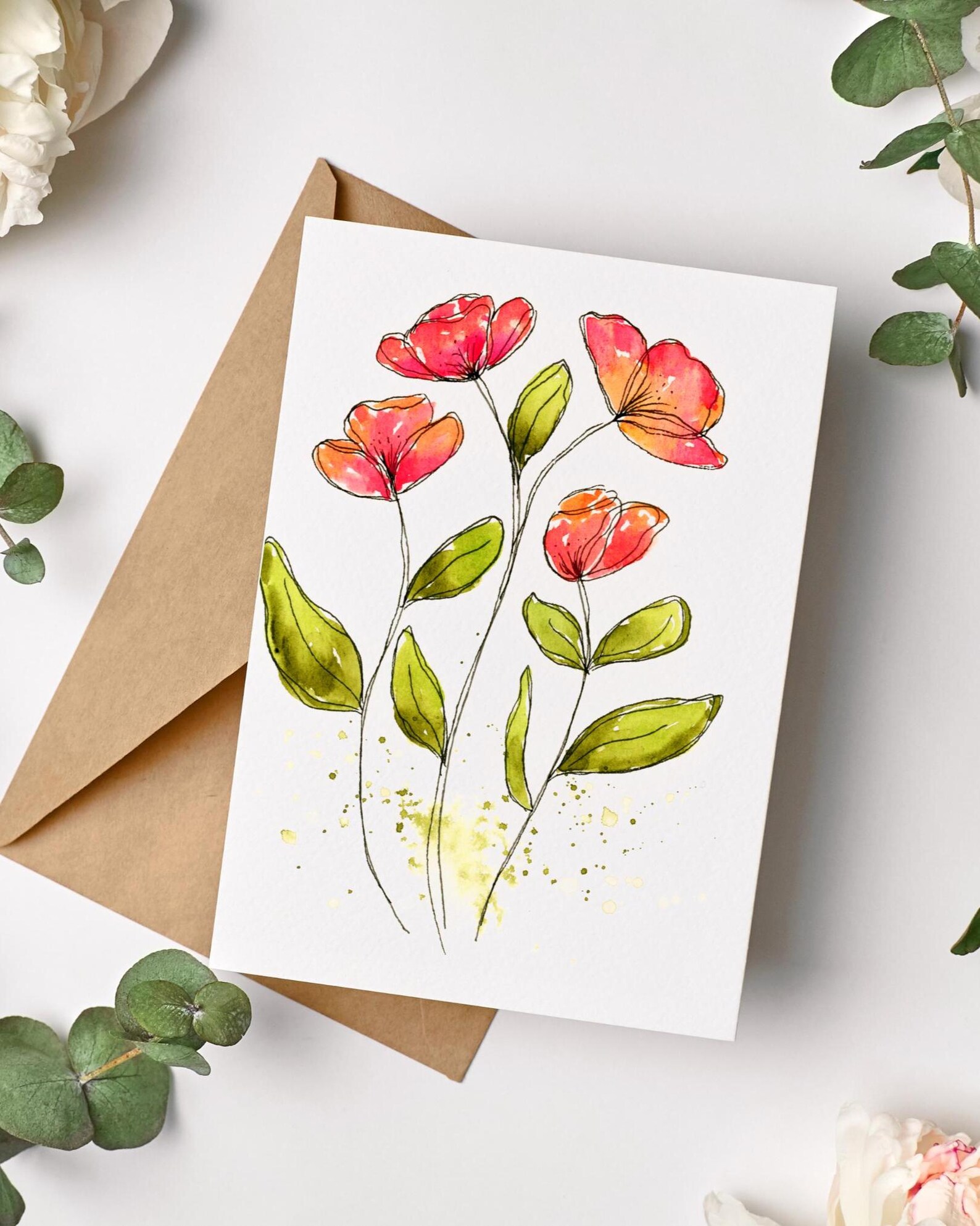 Watercolor Floral Note Cards Set of 8, Pinks Orange Peach Flower Art ...